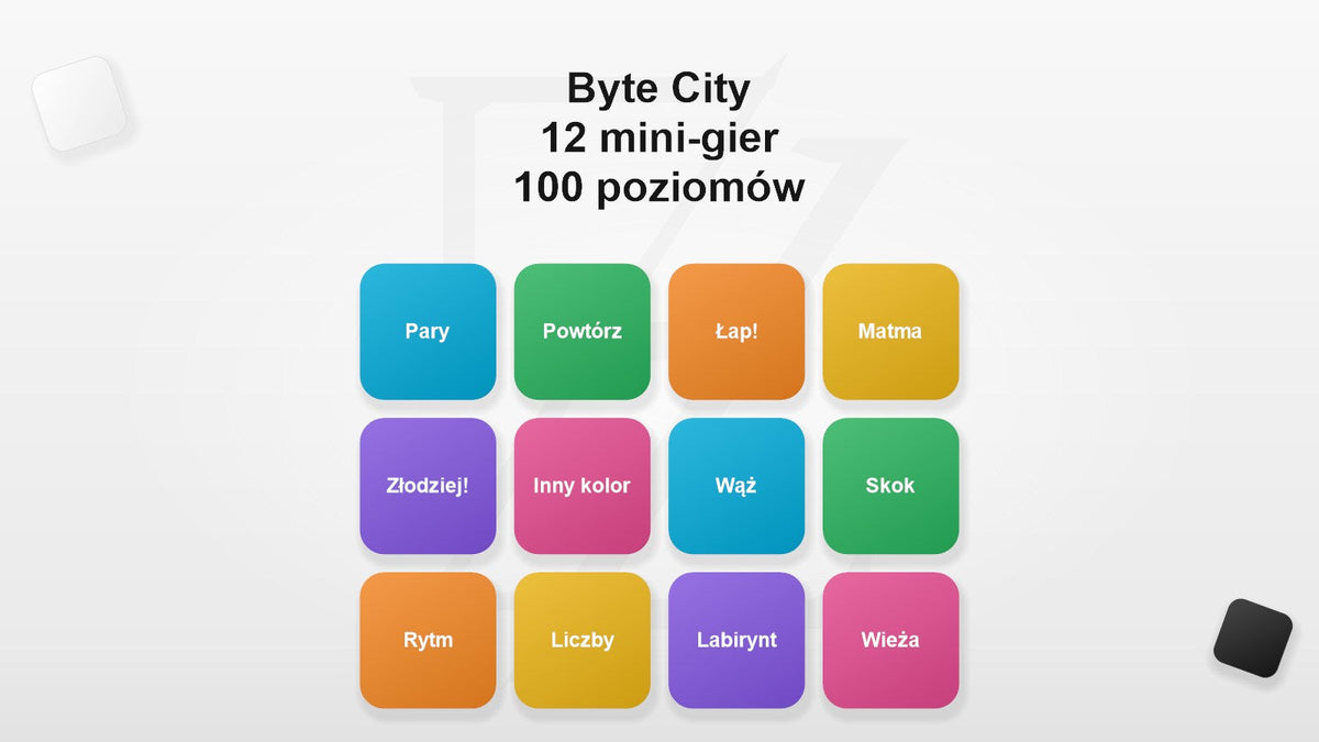 12 mini-gier w Byte City: Pary, Powtórz, Łap!, Matma, Złodziej!, Inny kolor, Wąż, Skok, Rytm, Liczby, Labirynt i Wieża