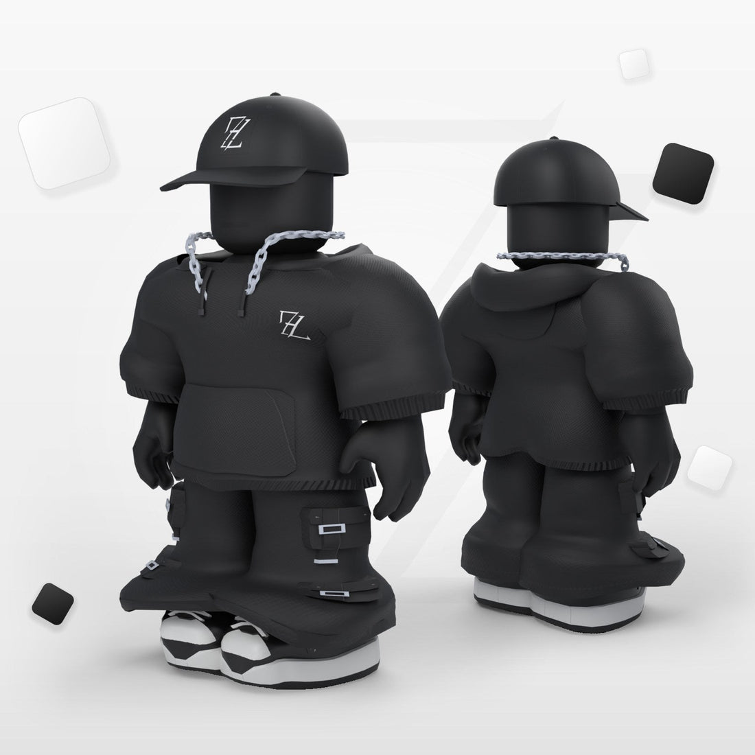 Komplet FRAZE MEN na awatarze w Roblox: czarna czapka FZ Cap, bluza Core Hoodie Men, spodnie cargo, sneakersy i srebrny łańcuch FZ – widok z przodu i z tyłu