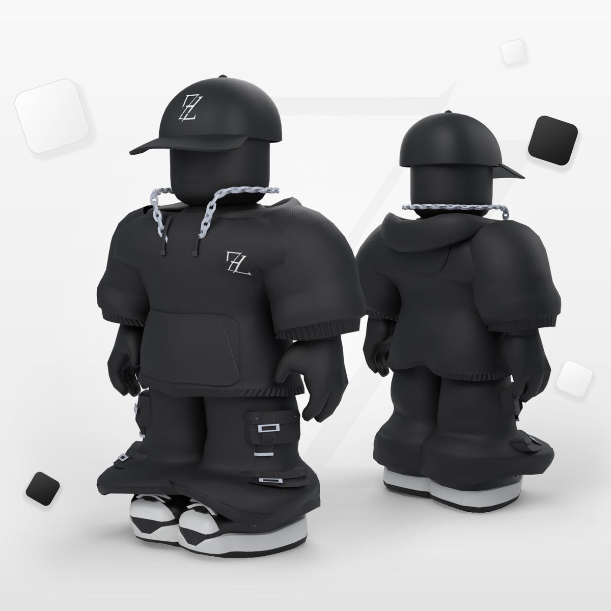 Komplet FRAZE MEN na awatarze w Roblox: czarna czapka FZ Cap, bluza Core Hoodie Men, spodnie cargo, sneakersy i srebrny łańcuch FZ – widok z przodu i z tyłu