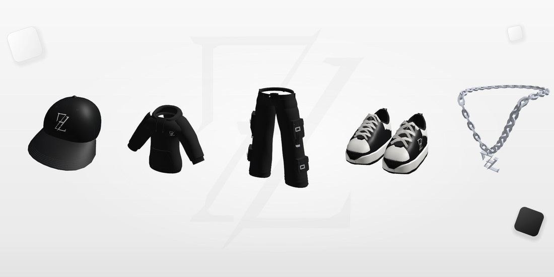 Pięć przedmiotów z kompletu FRAZE MEN: czapka, bluza, spodnie cargo, sneakersy i łańcuch